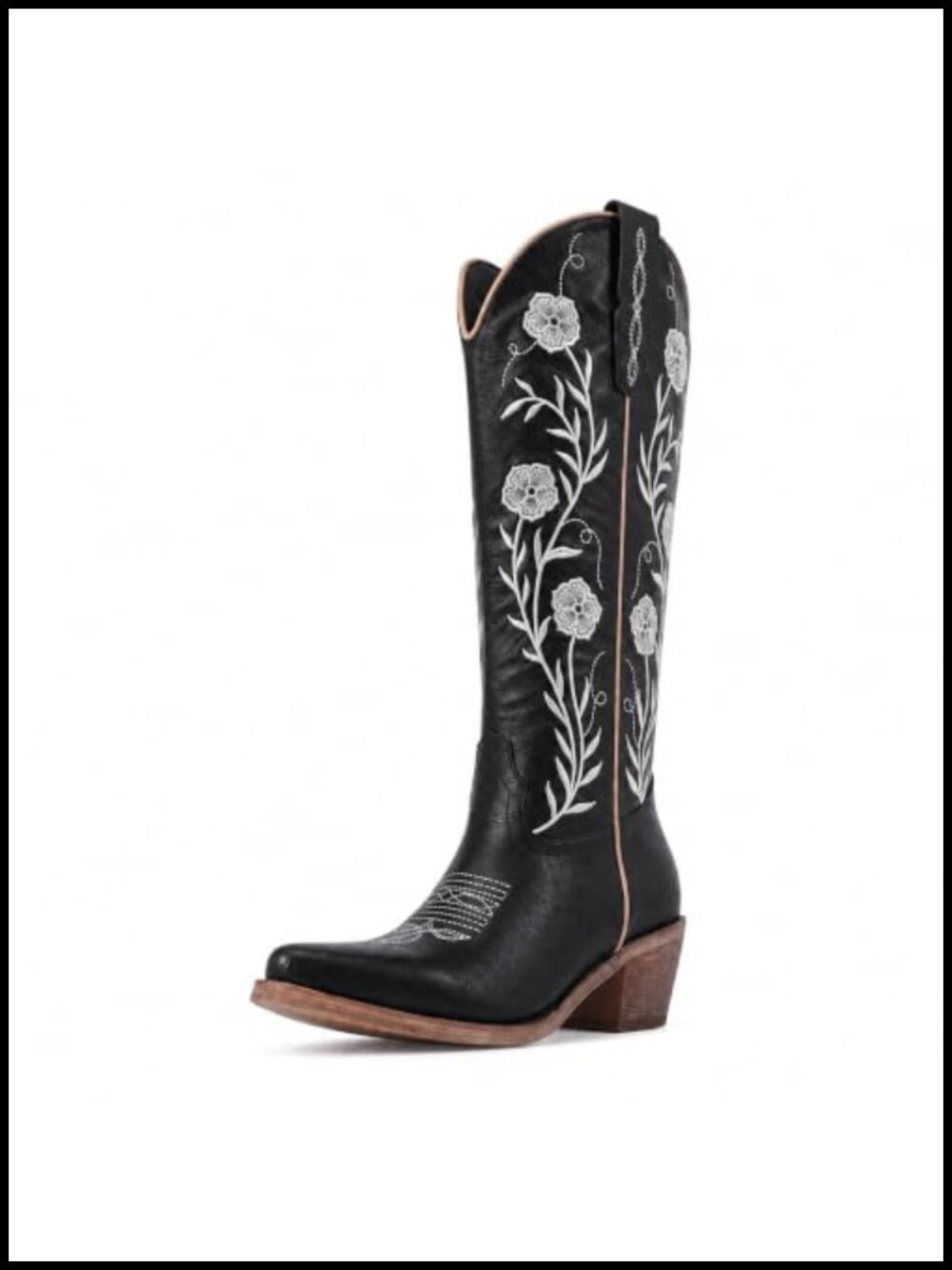 Wide Calf Cowboy Boots Knee High Floral Embroidered Snip Toe Faux Leather